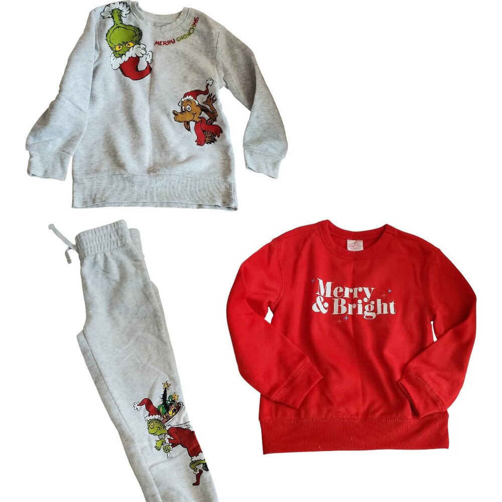 Kid's Merry Bright & Grinch Set Holiday Christmas Sweatshirt Sweats XS X Small